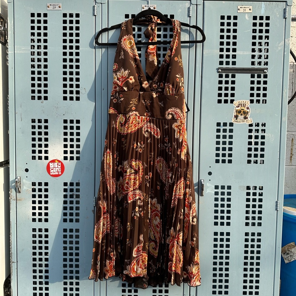 Y2K Brown & Tan Paisley Halter Neck Midi Dress NWT